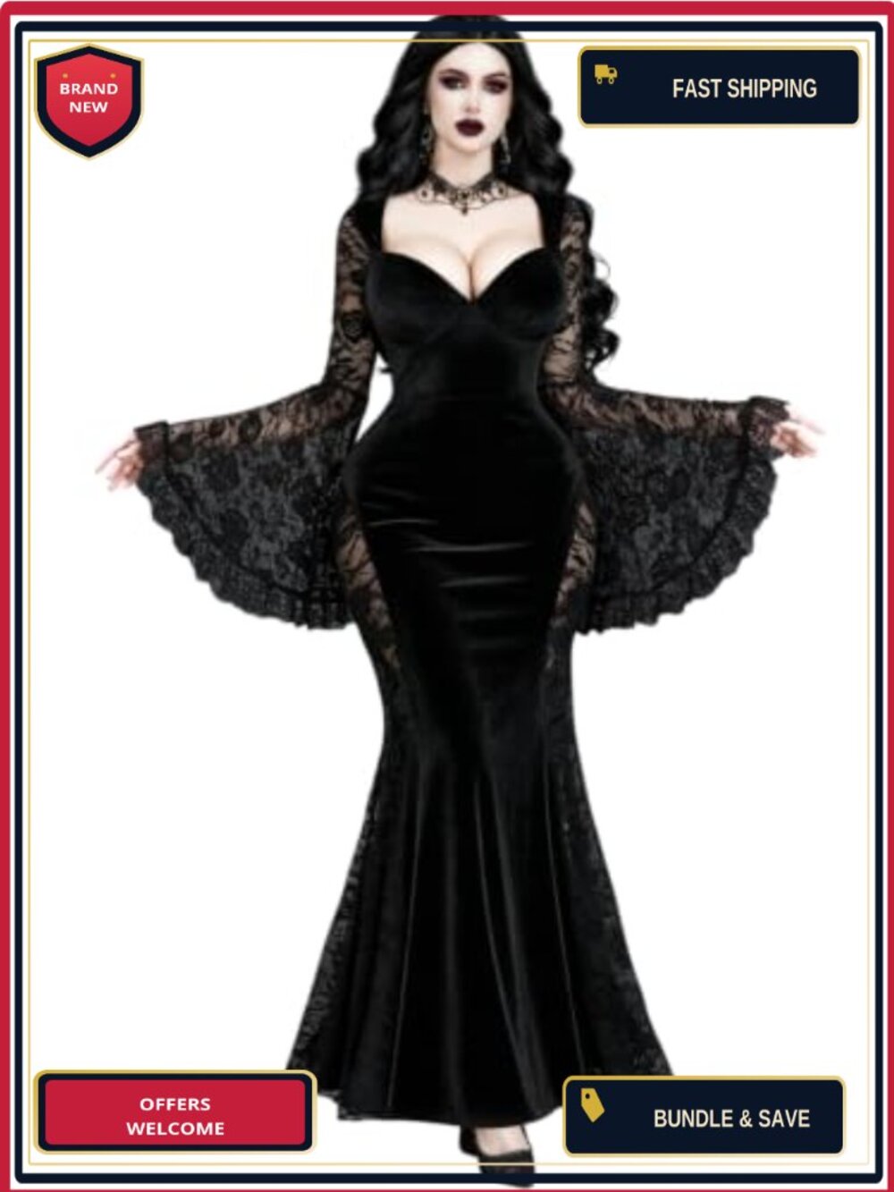 Lace Velvet Bell Sleeve Mermaid Bodycon Dress
